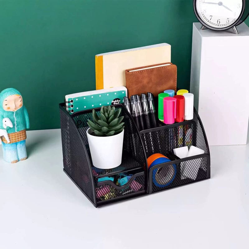 [Australia - AusPower] - Office Desk Organizer and Accessories, Mesh Desk Organizer with 7 Compartments + Drawer, black 