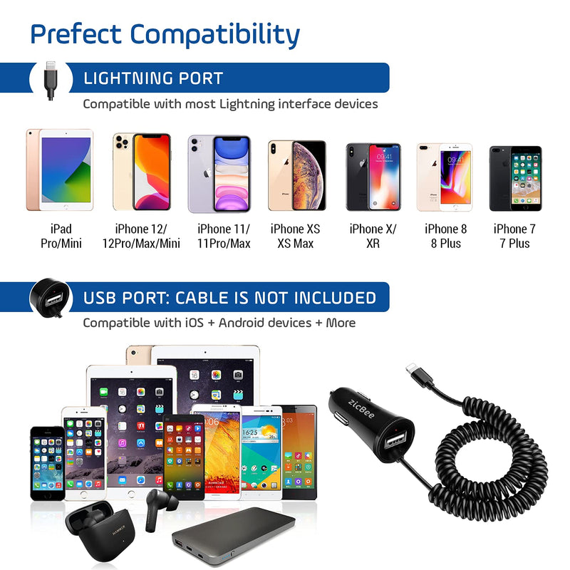 [Australia - AusPower] - iPhone Car Charger - [Apple MFI Certified] 4.8A/24W Lightning Fast Charging with Built-in Coil Cable for Apple iPhone 13/12/11/Xs/XS Max/XR/X/SE/8/7/6s/6 Plus, iPad and USB Port for Android Phones 