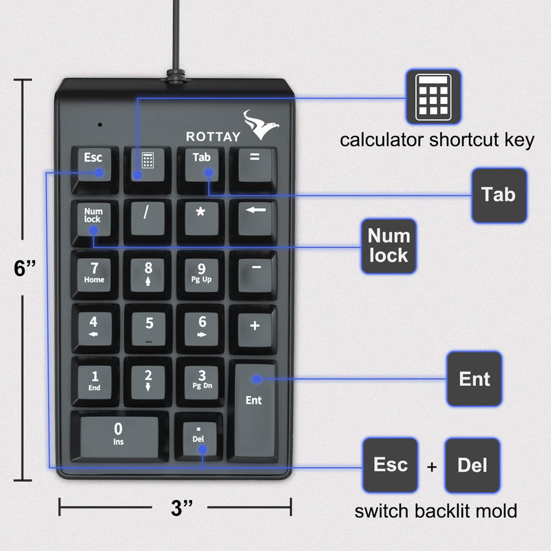 [Australia - AusPower] - Number Pad, ROTTAY Mechanical USB Wired Numeric Keypad with Blue LED Backlit 22 Key Numpad for Laptop Desktop Computer PC Black (Blue switches) 