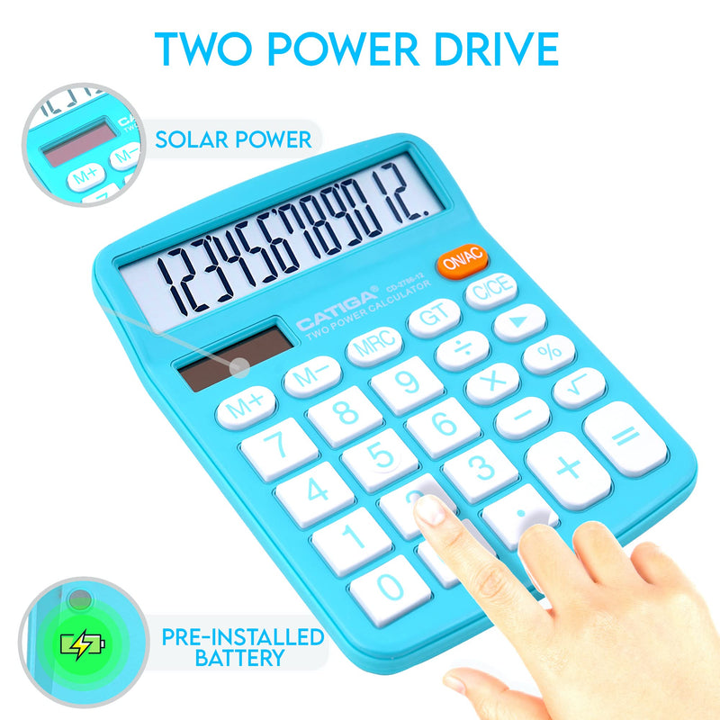 [Australia - AusPower] - Desktop Calculator 12 Digit with Large LCD Display and Sensitive Button, Solar and Battery Dual Power, Standard Function for Office, Home, School, CD-2786 (Light Blue) Light Blue 