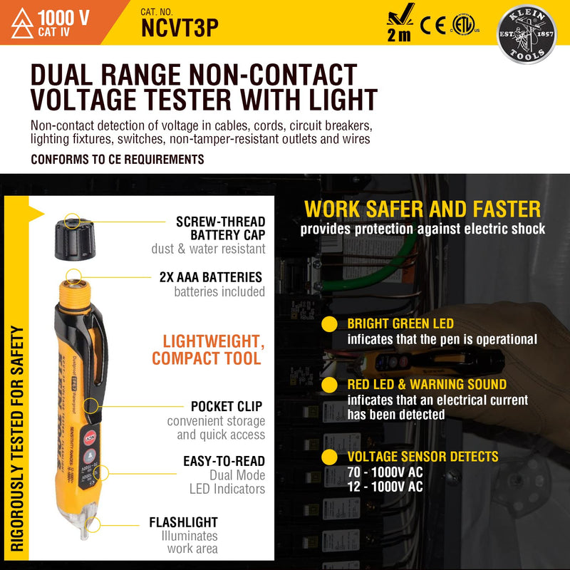 [Australia - AusPower] - Klein Tools NCVT3P Dual Range Non Contact Voltage Tester, 12 - 1000V AC Pen, Flashlight, Audible and Flashing LED Alarms, Pocket Clip NCVT 