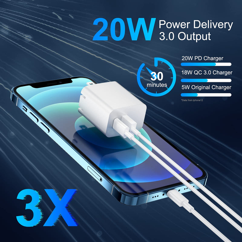[Australia - AusPower] - [MFi Certified] Compatible iPhone 12 13 Fast Charger 2 Pack, 20W Dual Port USB C Charger Block PD/QC3.0 Fast Charging Adapter with 6ft USB C to Lightning Cable Compatible for iPhone 13 Pro Max/12/11 20W Dual Port Charger with Cable 