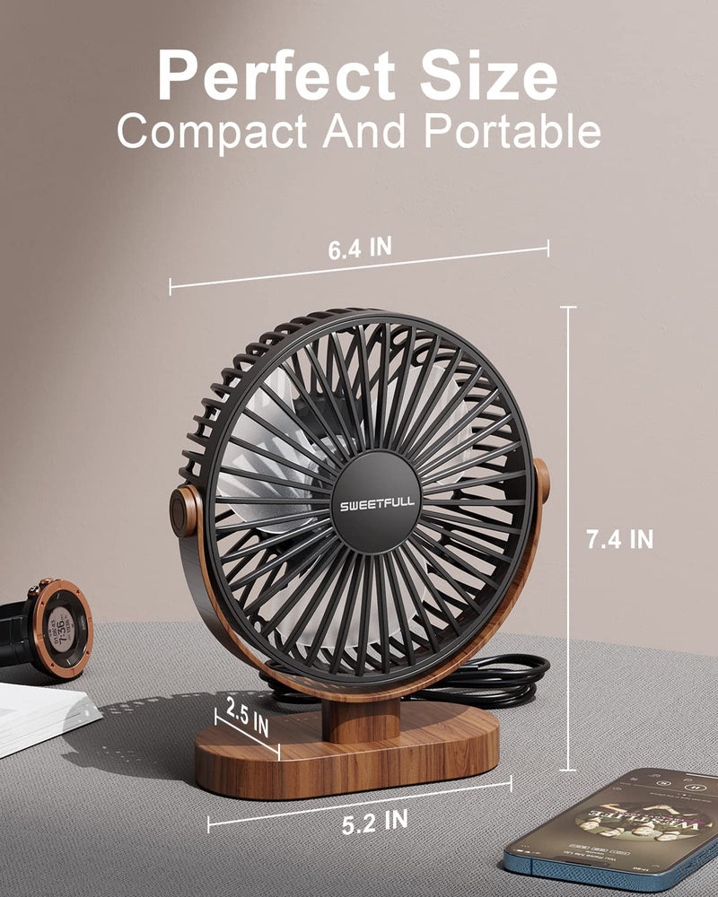 [Australia - AusPower] - SWEETFULL 6.4 Inch USB Small Desk Fan, 3 Speeds Quiet Portable Desktop Table Fan, 360° Adjustment Personal Mini Fan for Home Office Car Outdoor Travel (Black wood grain) Black wood grain 