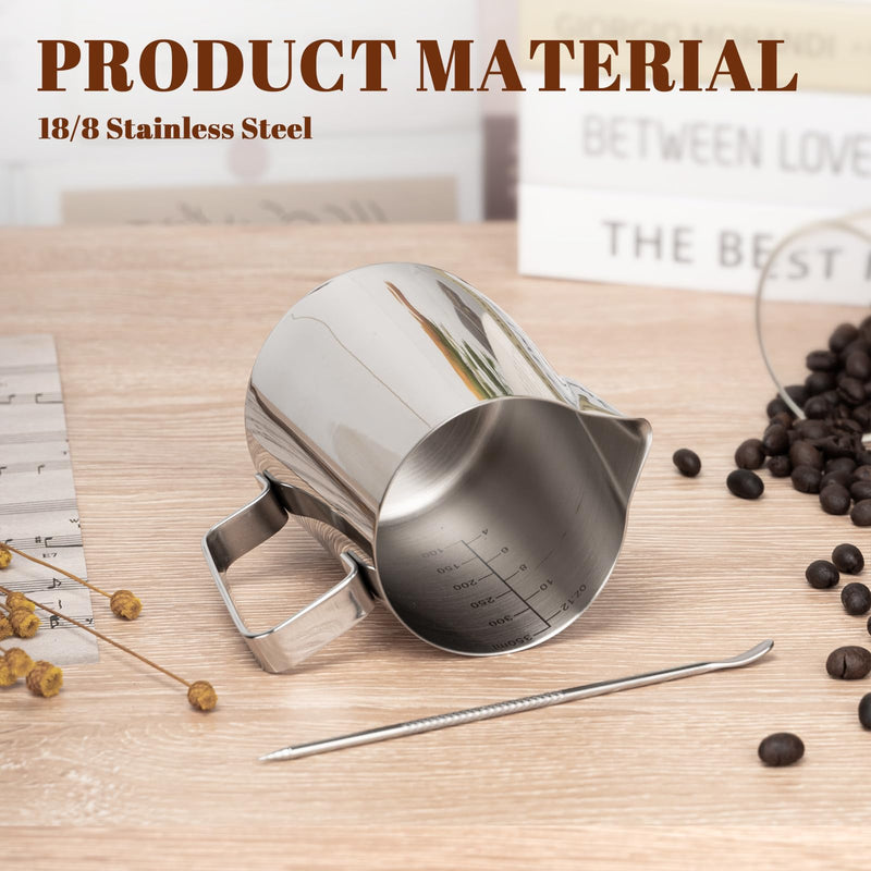 [Australia - AusPower] - Amrules Milk Frothing Pitcher, 12oz Milk Frother Cup with Clear Scale, 304 Stainless Steel Cappuccino Espresso Machine Accessories for Barista Coffee Bar with Latte Art Pen, Silver 12 oz 