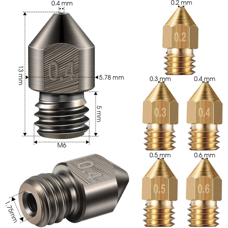 [Australia - AusPower] - MK8 3D Printer Extruder Nozzle Hardened Steel, Brass Nozzle High Temperature Wear Resistant Nozzles 0.2 mm, 0.3 mm, 0.4 mm, 0.5 mm, 0.6 mm Compatible with Makerbot, Ender 3 (15) 15 