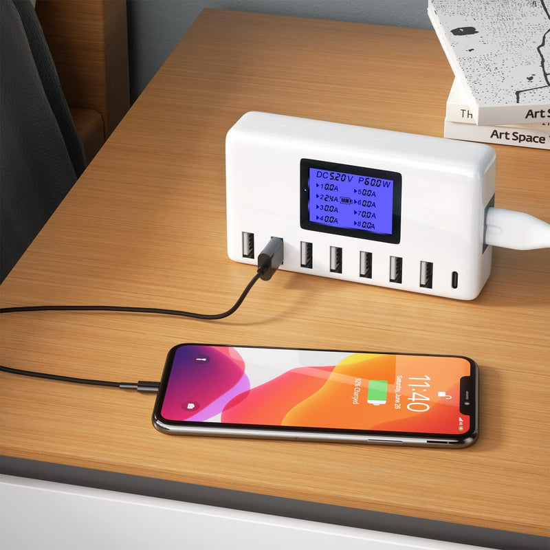 [Australia - AusPower] - USB Charging Station, ORIEMAC 8 Ports 60W/12A USB Charger Station with LCD Display for Multiple Devices, Desktop Smart Multi Port USB C Charging Hub for iPad iPhone Android Phone and Tablet 