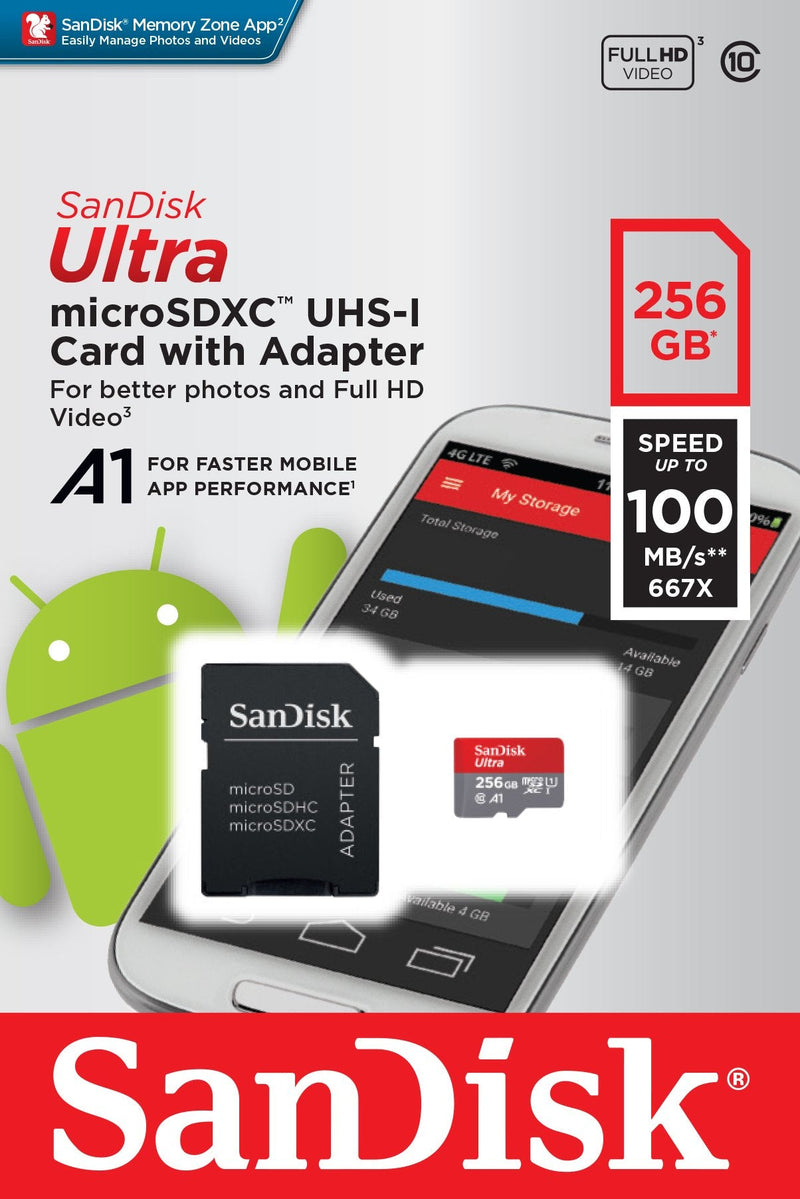 [Australia - AusPower] - SanDisk 256GB Ultra microSDXC UHS-I Memory Card with Adapter - 100MB/s, C10, U1, Full HD, A1, Micro SD Card - SDSQUAR-256G-GN6MA 