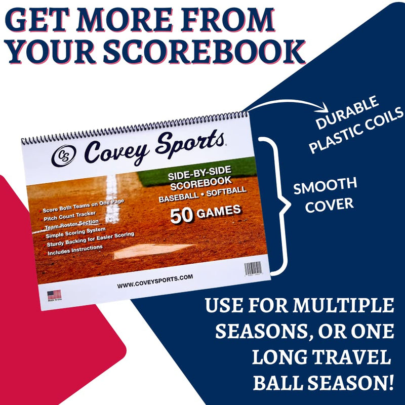[Australia - AusPower] - Covey Baseball Softball Scorebook Side by Side Format - (50 Games) - Score Keeping Book with Sheets Designed to Make Baseball and Softball Scoring Easier for The Score Keeper, Coaches, and Announcers 