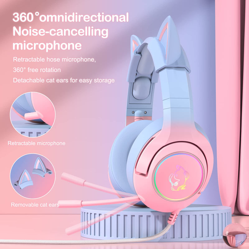 [Australia - AusPower] - PHNIXGAM Gaming Headset for PS4, PS5, Xbox One(No Adapter), Cat Ear Headphones with Noise Cancelling Microphone, RGB Backlight, Surround Sound for PC, Mobile Phone, Gradient Pink Blue 