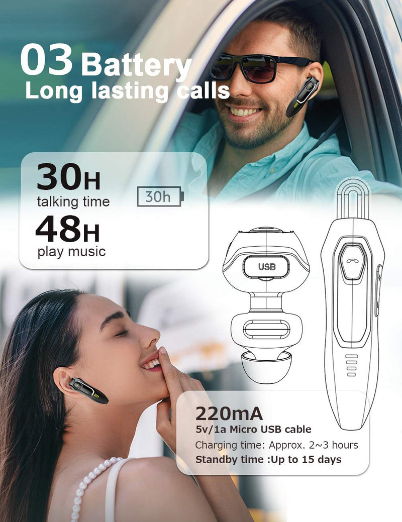 [Australia - AusPower] - Bluetooth Earpiece V5.0, HD Voice Noise Cancelling, 30H Talking Time and 15 Days Long Standby, Built-in 220mAh Battery, Handsfree Wireless Bluetooth Headset for Cell Phone Black 