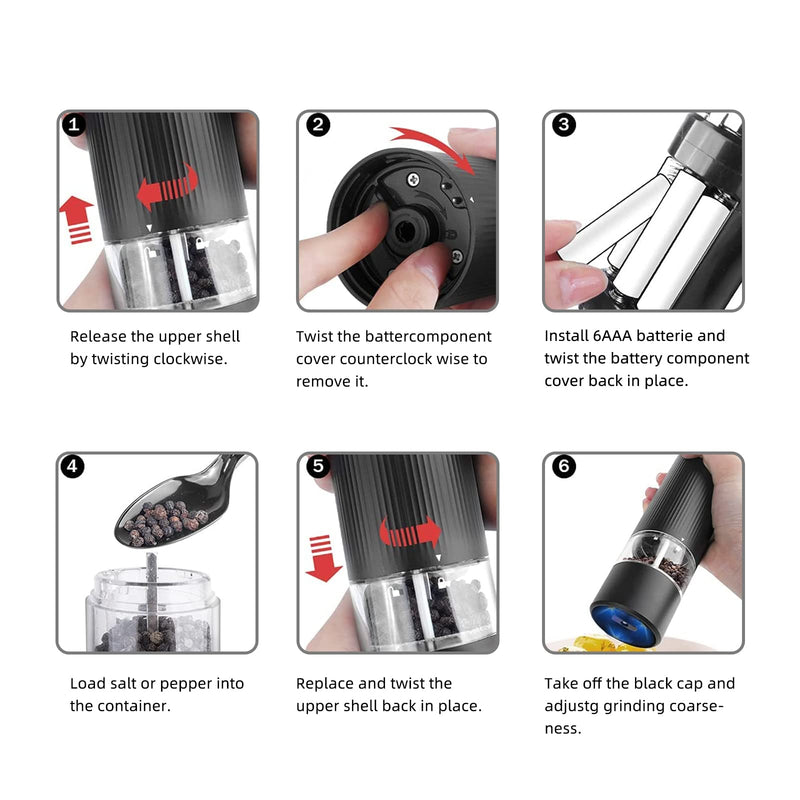 [Australia - AusPower] - T-mark Electric Salt and Pepper Grinder Set - Battery Operated Automatic One Handed Salt Pepper Mill with Bottom Cap, Adjustable Coarseness 
