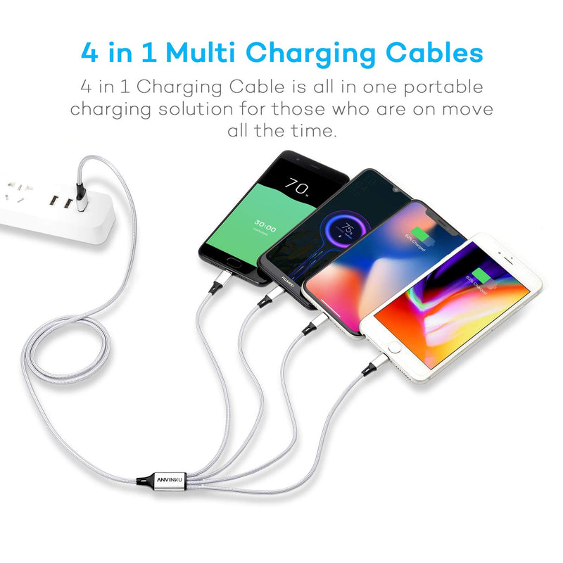 [Australia - AusPower] - Multi Charging Cable, Multi USB Cable 3A 4FT USB Charging Cable Nylon Braided Universal 4in1 Multi Charger Cable Adapter Type-C/Micro USB Port,Compatible with Cell Phones and More (Silver, 2Pack) 