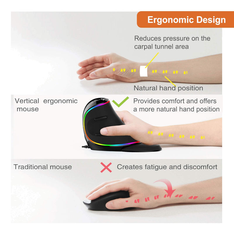 [Australia - AusPower] - J-Tech Digital Ergonomic Mouse Wired - RGB Vertical Gaming Mouse with 5 Adjustable DPI Settings up to 4000 DPI, Computer Mouse for Carpal Tunnel, Removable Palm Rest and Thumb Buttons [V628R] 