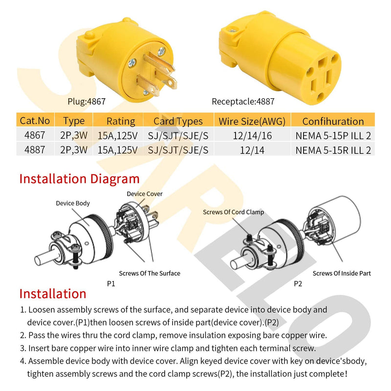 [Australia - AusPower] - STARELO 1.6FT 2Way Extension Cord with Switch + NEMA 5-15P & 5-15R 5SET(Yellow). 