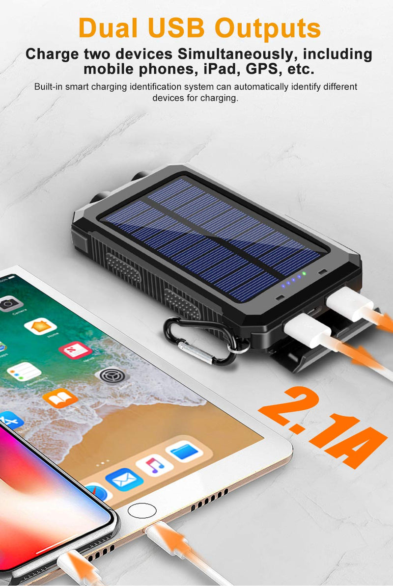 [Australia - AusPower] - Solar Charger 20000mAh Portable Solar Power Bank Waterproof External Backup Battery Power Pack Charger with 2 USB/LED Flashlights Compatible with iPhone, Tablet, Android, Suitable for Outdoor Camping Black 