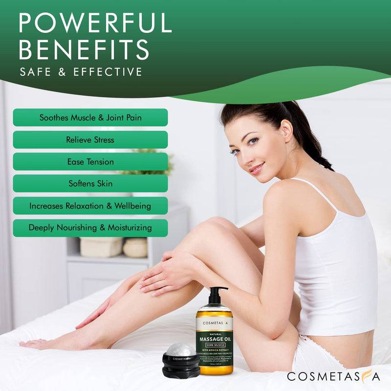 [Australia - AusPower] - Cosmetasa Sore Muscle Massage Oil with Massage Ball Roller - Soothes Muscle and Joint Pain with Arnica Extract, Peppermint, Chamomile, and Lavender Oil 