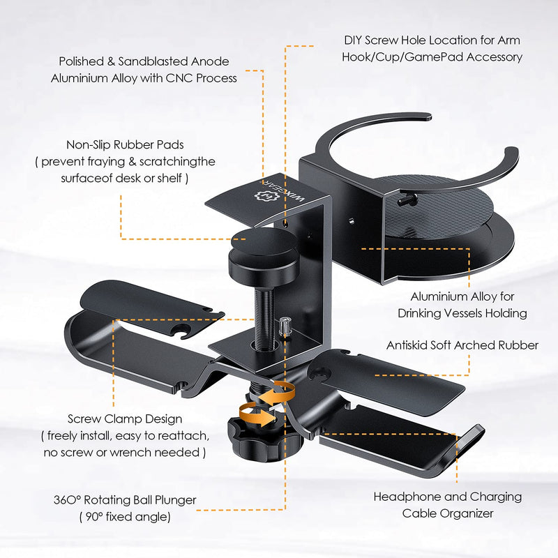 [Australia - AusPower] - WixGear Headphone Stand, 2 in 1 PC Gaming Headset Stand Cup Holder, with Cable Organizer, 360° Adjustable & Rotating Arm Clamp Headphone Holder, Suitable for All Headphones and Drinks 