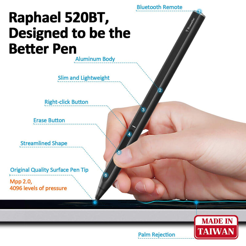 [Australia - AusPower] - RENAISSER Stylus Pen for Surface, Bluetooth for Remote Control, Made in Taiwan, 4096 Levels of Pressure Sensitivity, Magnetic Attachment, Rechargeable, Raphael 520BT 