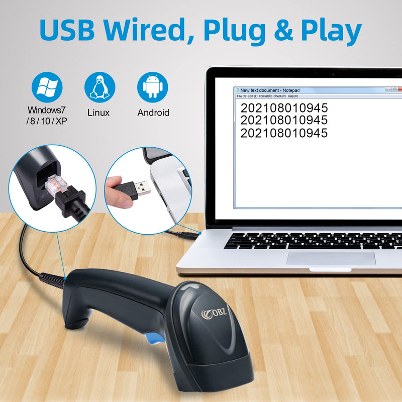 [Australia - AusPower] - 2D Barcode Scanner for Computers, USB Wired 1D 2D QR Code Scanner, OBZ Automatic Handheld Bar Code Reader with USB Cable for Retail Store, Library, Warehouse, Express, POS and Computer Plug and Play 