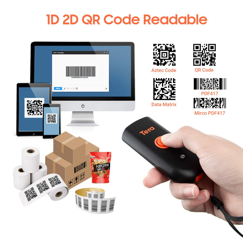 [Australia - AusPower] - Tera Wireless Barcode Scanner, Waterproof Shockproof Mini Pocket 2D Scanner, 3-in-1 Bluetooth 5.0 & USB Wired & 2.4G Bar Code Reader Portable 2D QR Image Scanner Work with iOS, Windows, Android 1100D 