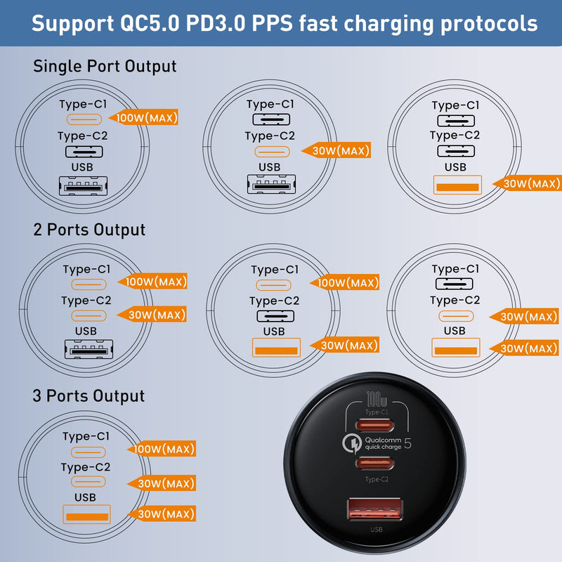 [Australia - AusPower] - USB C Car Charger, Baseus 160W Type C Car Charger, QC5.0 PD3.0 3 Ports Super Fast Charging Car Phone Charger Adapter for iPhone 13 12 11 Pro Max, Samsung Galaxy S22 S21 iPad MacBook Pro Air Laptop 