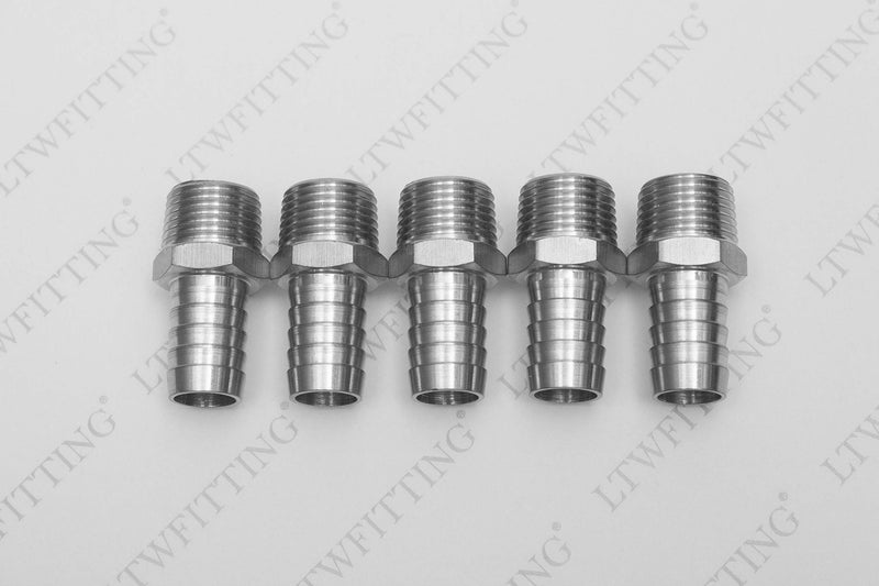 [Australia - AusPower] - LTWFITTING Bar Production Stainless Steel 316 Barb Fitting Coupler/Connector 5/8" Hose ID x 1/2" Male NPT Air Fuel Water (Pack of 5) 