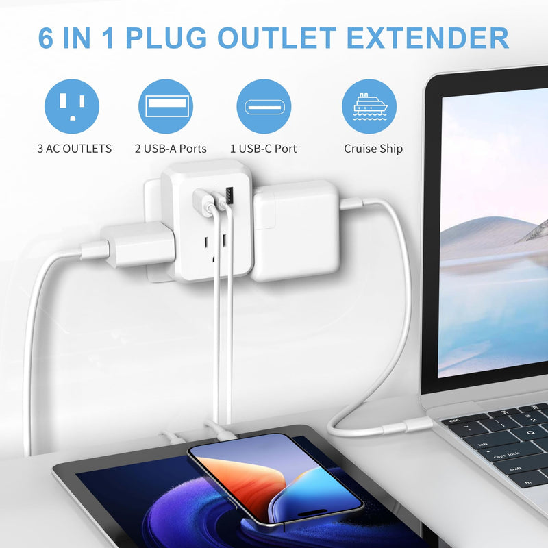 [Australia - AusPower] - Multi Plug Outlet Extender with USB, HICITY USB Wall Charger Multiple Outlet with 3 AC Outlet, 2 USB A&1 USB C Ports, Outlet Splitter Plug Expander for Cruise Ship Home Office Dorm Room 