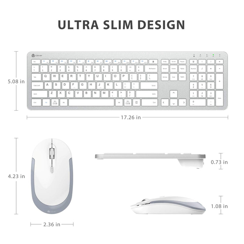 [Australia - AusPower] - iClever GK08 Wireless Keyboard and Mouse - Rechargeable Keyboard Ergonomic Quiet Full Size Design with Number Pad, 2.4G Stable Connection Slim White Keyboard and Mouse for Windows Mac OS Computer Silver 