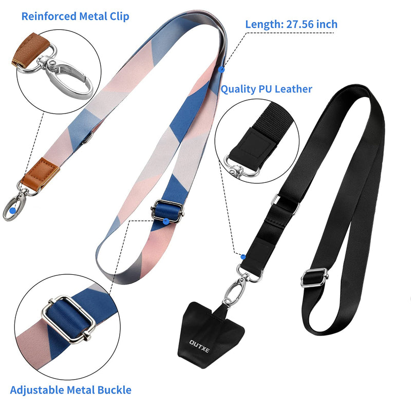 [Australia - AusPower] - OUTXE Phone Lanyard- 2× Adjustable Neck Strap, 4× Pad with Adhesive, Nylon Cell Phone Lanyard Compatible with All Smartphone #2 Black + Blue Stripes (Black Pads) 
