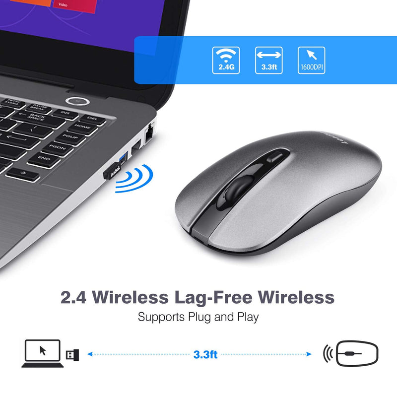 [Australia - AusPower] - LeadsaiL Wireless Computer Mouse, 2.4G Portable Slim USB Mouse, Silent Click Laptop Mouse with One AA Battery 3 Adjustable Levels, 4 Buttons Cordless Mouse for Windows Mac PC Notebook (Matt Grey) Matt Grey 