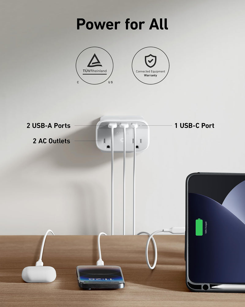 [Australia - AusPower] - Anker Portable Outlet Extender with Foldable Plug, 5 Multi-Plug Outlet, High-Speed 30W USB C Power Delivery, Compatible with iPhone 15/15 Plus/15 Pro/15 Pro Max,Compact for Travel, Home, TUV Listed 