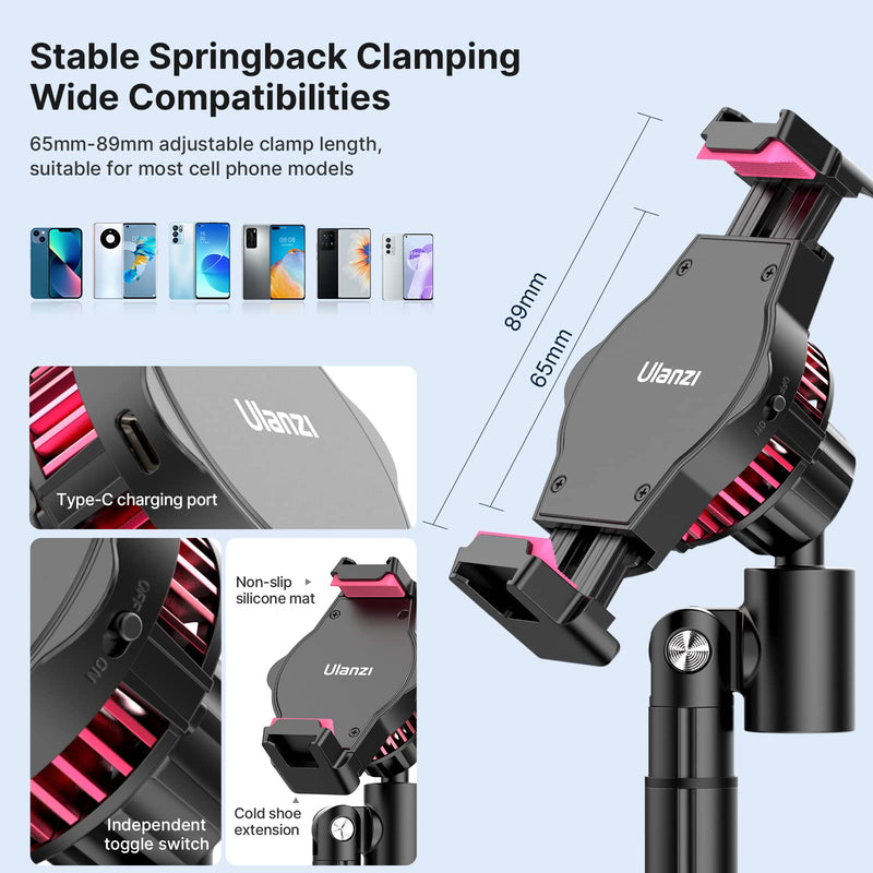 [Australia - AusPower] - ULANZI Phone Cooler for Live Streaming & Gaming w Adjustable Stand, Fast Phone Cooling Fan & Mobile Phone Radiator w 5 Layers Heat Dissipation Devices, Fit All Types of iPhone Android Smartphones 