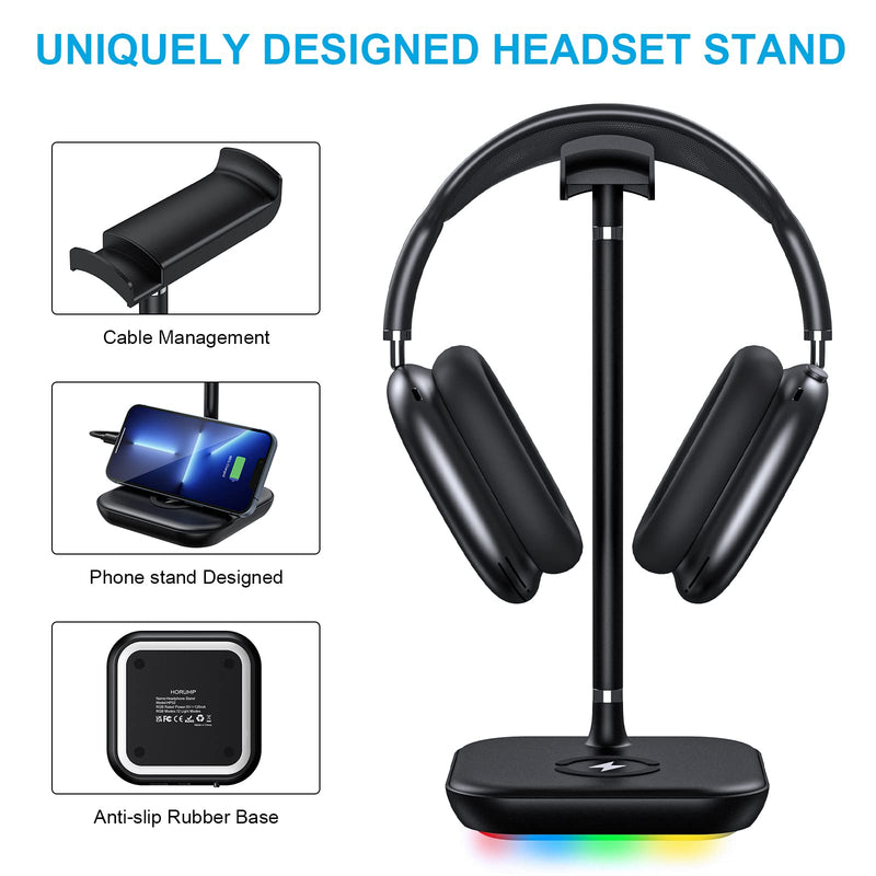 [Australia - AusPower] - RGB Headphone Stand with USB Charger HORUMP Desk Gaming Headset Holder Hanger Rack with 2 USB Charging Ports, Suitable for Gamer Desktop Table Game, Earphone Accessories, DJ, Boyfriend Gift 