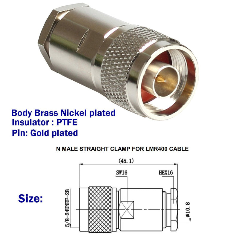 [Australia - AusPower] - N Connectors Male Rf Coaxial Connector for LMR400 Cable Belden 9913 RG8 Cable Nickel Machined Brass Construction (4piece clamp) 
