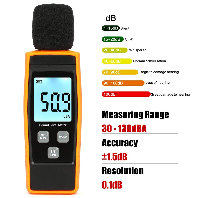 [Australia - AusPower] - Decibel Meter, Portable SPL Meter (Sound Pressure Level Meter), Digital Noise Meter, Range 30-130dB(A) db Meter, Noise Volume Measuring Instrument, Sound Monitoring Tester (Battery Included) Yellow 