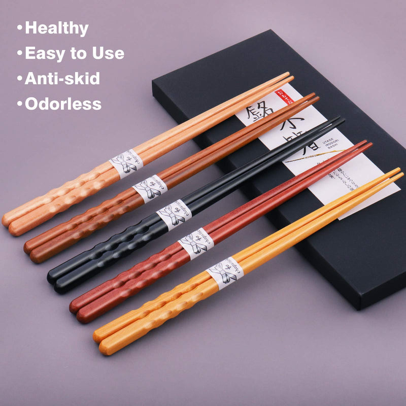[Australia - AusPower] - GLAMFIELDS Reusable Chopsticks Japanese Natural Wooden 5 Pairs Classic Style Lightweight Hand-Carved Safe Chop Sticks 8.8 Inch/22.5cm Gift Set Multicolor 