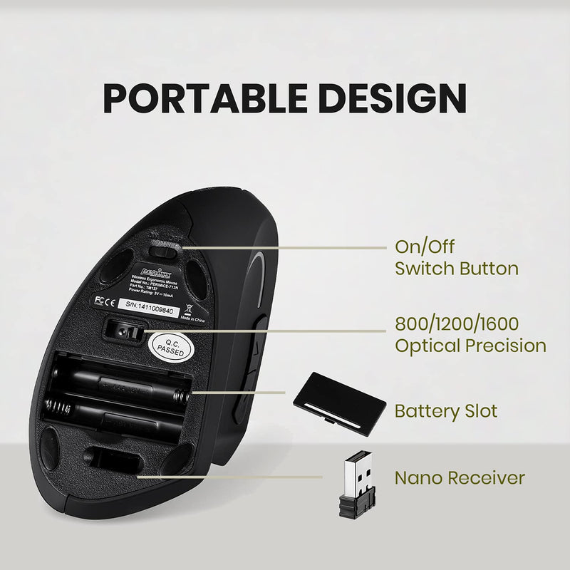 [Australia - AusPower] - Perixx PERIMICE-713 Wireless Ergonomic Vertical Mouse - 800/1200/1600 DPI - Right Handed - Recommended with RSI User Black 