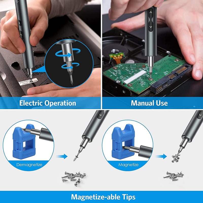 [Australia - AusPower] - AMIR Electric Screwdriver (Newest) 28 IN 1 Cordless Mini Power Precision Screwdriver Set with 24 Bits, Rechargeable Portable Magnetic Repair Tool Kit with LED Lights for Phones Watch Jewelers Laptops Silver 