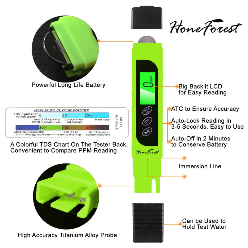 [Australia - AusPower] - Digital TDS-Meter, Accurate and Reliable, HoneForest TDS, EC & Temp Meter 3 in 1, 0-9990ppm, Ideal Water-Tester-PPM-Meter(Green) Green 