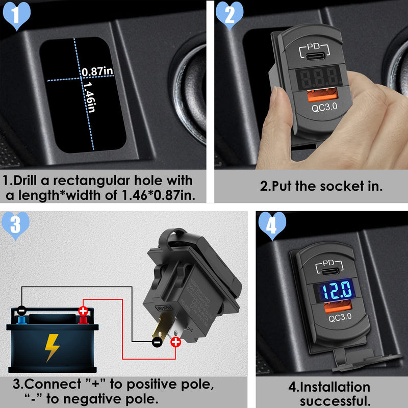 [Australia - AusPower] - [2022 New] USB C Car Charger Socket Rocker Style Switch Replacement, Dual PD and QC3.0 12V/24V Panel Mount USB Outlet with LED Voltmeter for Boat Marine Truck Bus Off Road Vehicles RV Golf Cart, etc. 