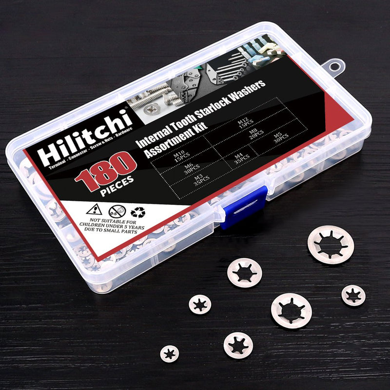 [Australia - AusPower] - Hilitchi 180 Piece 304 Stainless Steel Internal Tooth Starlock Washers Quick Speed Locking Washers Push On Speed Clips Fasteners Assortment Kit - 7 Size 