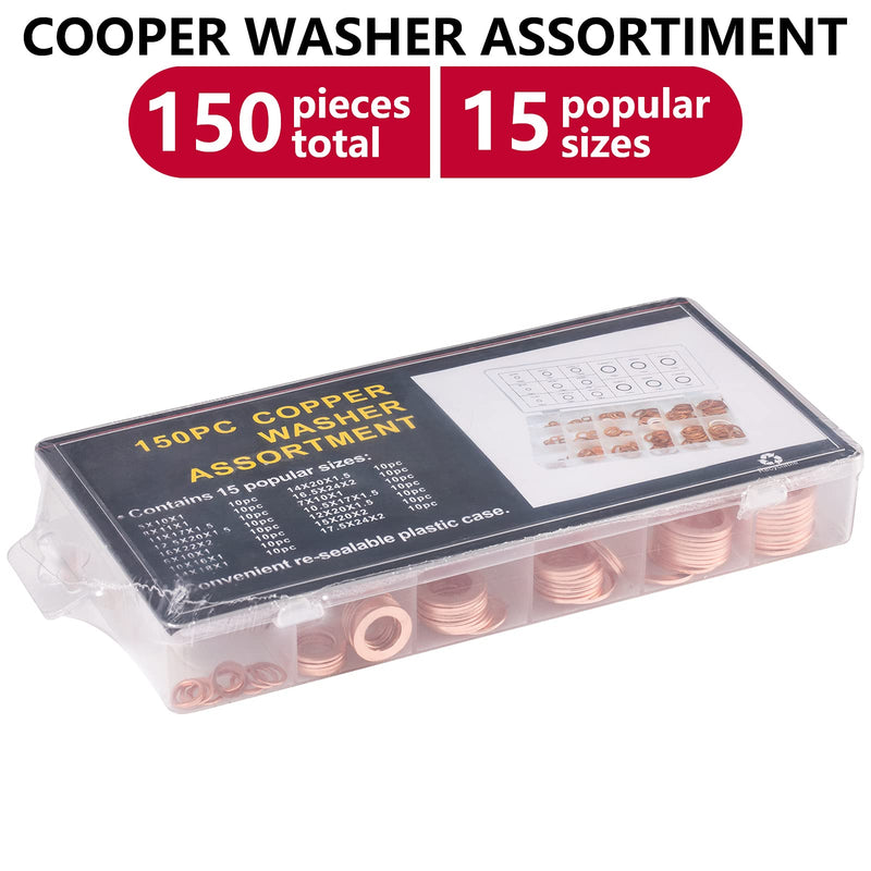 [Australia - AusPower] - Toolwiz 150PCS 15 Sizes Copper Metric Sealing Washers Assortment Set Flat Ring Sump Plug Oil Seal Gasket Sealing Washers Crush Washer Assortment M5/6/7/8/10/10.5/11/12/12.5/14/15/16/16.5/17.5 