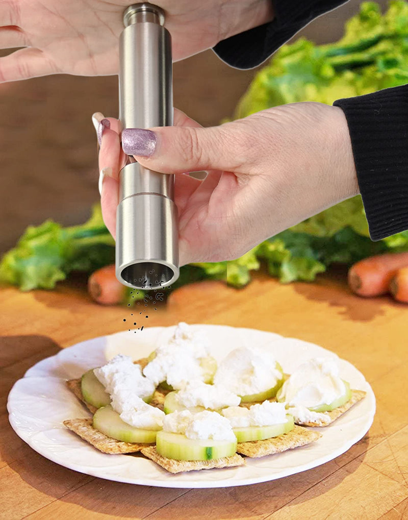 [Australia - AusPower] - HOME-X Stainless Steel One Hand Thumb Push Button Salt and Pepper Grinder with Stand-Set of 2-Modern Fresh Pepper, Sea Salt,Himalayan Salt 