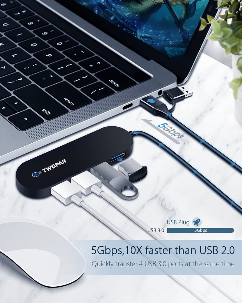 [Australia - AusPower] - TWOPAN 4 Port USB C Hub Adapter with 4 ft Extended Cable, Ultra Slim USB 3.0 Hub for Laptop, High Speed USB Splitter for Desktop, iMac, MacBook Pro, Surface Pro, XPS, Flash Drive, Mouse, Printer Black AC 