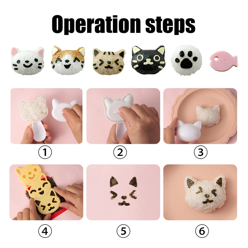 [Australia - AusPower] - Cute Cat Rice Ball Molds 6 Sets Sushi Molds Bento Box Accessories Kits with 1PC Musubi Maker Press Mold, 2PCS Gimbap Molds Triangle and 1PC Rice Ball Mold Shaker for DIY Fun Lunch Box Picnic Tool 