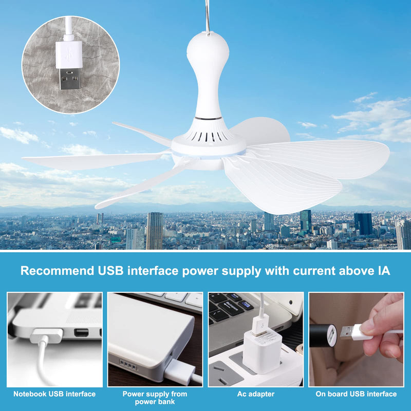 [Australia - AusPower] - Xindejia USB Powered Small Ceiling Fan 6 Blades Quiet DC 5V USB Ceiling Fans for Indoor Outdoor RV Bed Room Desk Travel Camping Tent Canopy Cubicle Mini Portable Hanging Fans - White Switch 