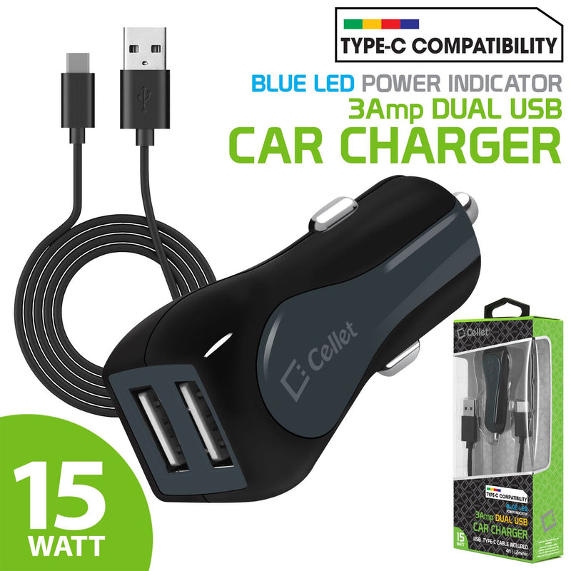 [Australia - AusPower] - Cellet High Powered 3Amp, Fast Charging 15 Watt, Dual USB Port Car Charger with 4ft Long Type-C Cable Compatible for Google Pixel 4 4XL 3 3a 3XL 3aXL 2 2XL Samsung Galaxy A50 A20 A10e S10e S10 S10+ S9 