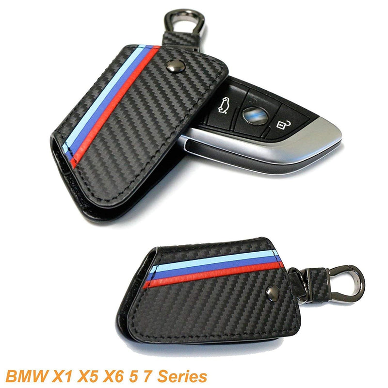 [Australia - AusPower] - Xotic Tech M-Colored Stripe Carbon Fiber Leather Remote Key Fob Cover Case Compatible with BMW X1 X5 X6 5 7 Series F48 F15 F16 G30 G31 G11 G12 X1, X5, X6, 5/7 Series 
