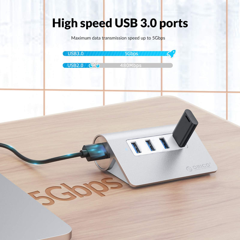 [Australia - AusPower] - 4-Port USB 3.0 Hub ORICO Aluminum USB Hub with 3.3ft Extend Cable, Portable Data Hub for MacBook, Mac Pro / Mini, iMac, XPS, Surface Pro, Notebook PC, USB Flash Drives, Mobile HDD - Silver 