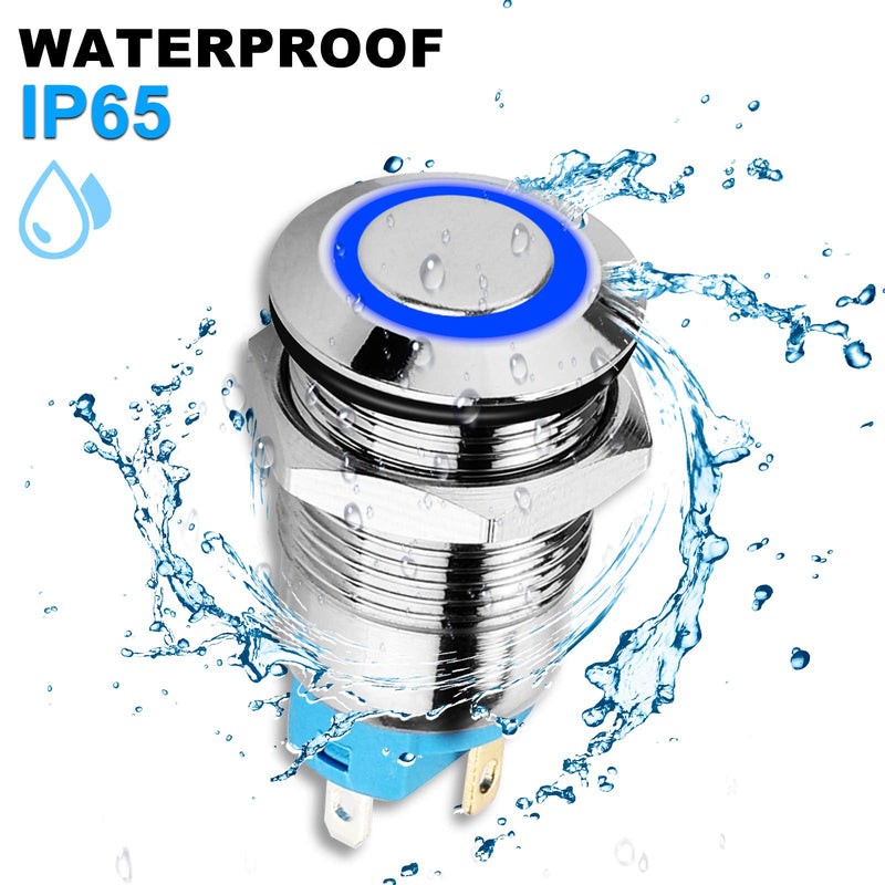 [Australia - AusPower] - 12V 24V 12mm Latching Push Button Switch with High Round Cap, Waterproof Metal Pushbutton Switch Stainless Steel 1NO1NC SPST ON/OFF Self-Locking Marine Switch for 1/2" Mounting Hole (5PCS, Blue Light) Upgraded 12mm 